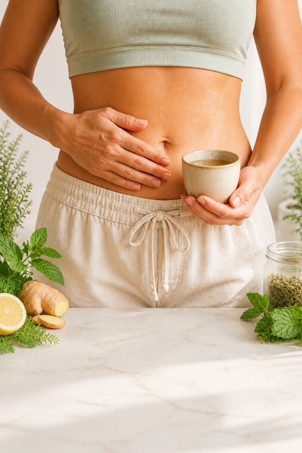 Mujer con la mano en el abdomen sosteniendo una taza de infusión digestiva con jengibre y menta