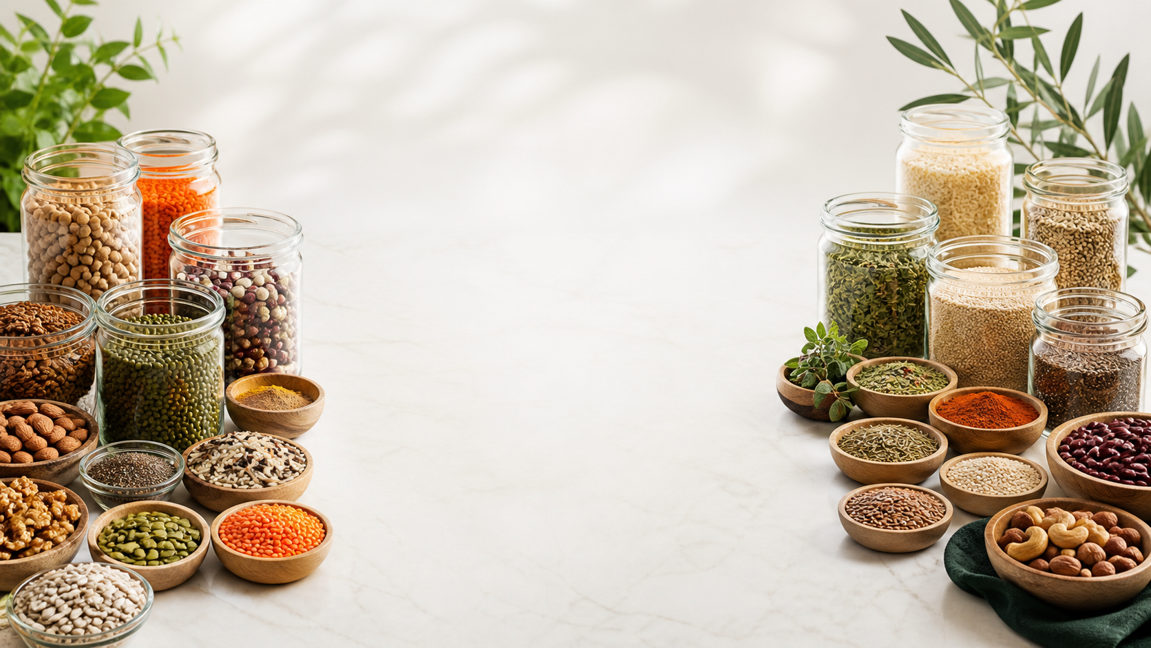 Variedad de granos, semillas, frutos secos y especias en frascos y bowls de madera para mayoristas