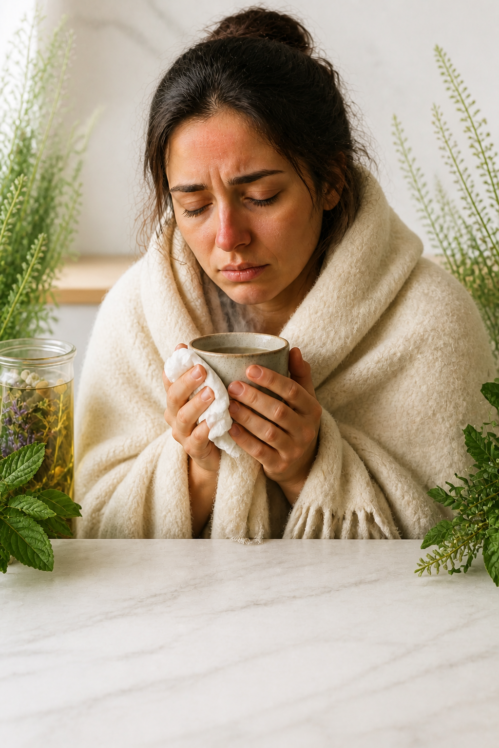 Mujer abrigada con una manta tomando una infusión caliente descongestiva